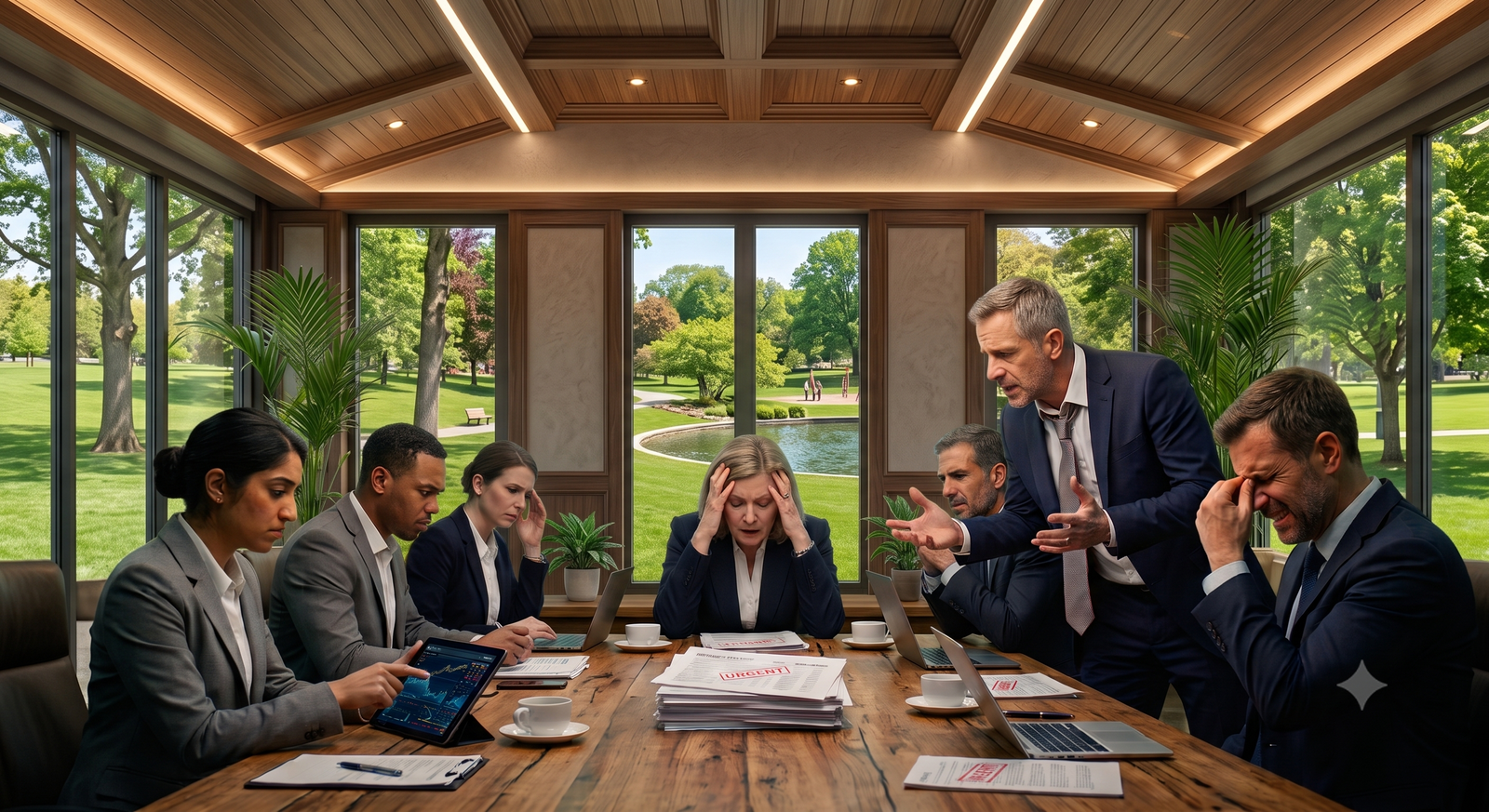 Stressed boardroom reacting to a fraudulent urgent request